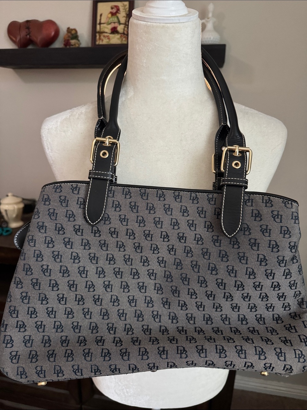 Dooney & Bourke Gray Denim Monogram Tote with Black Leather & Gold Hardware